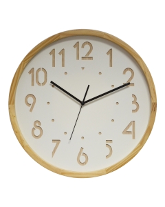 Orologio decorativo in legno. Il quadrante dell'orologio è in rilievo, il quadrante bianco è sovrapposto ai numeri in legno. Movimento silenzioso al quarzo. Diametro: Ø41cm.