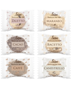 Scatola in cartone avana contenente  200 biscotti assortiti: Mareneo, Canestrello, Bacetto, Cacao, Caffè, Zaletto.