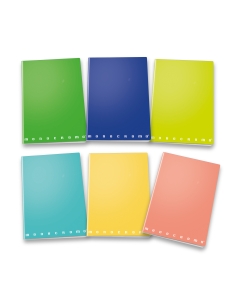 Maxiquaderno prodotto in carta riciclata al 100%. Formato A4. 42 fogli da carta 80gr, cucitura con punto metallico. Assortimento in 6 colori.