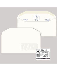 Busta bianca gommata 100 gr, con finestra 4x10cm; in carta riciclata 100%, materiale per finestra in pergamino
