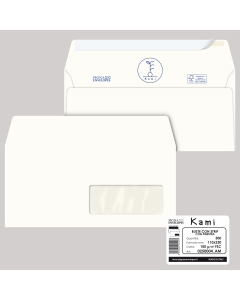 Busta bianca strip 100 gr, con finestra 4x10cm; in carta riciclata 100%, materiale per finestra in pergamino