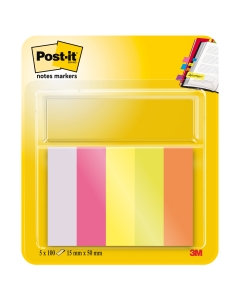 Segnapagina in carta, autoadesivi, scrivibili e riposizionabili. Formato 15x50mm. 100 fogli in 5 colori assortiti: lilla, rosa, giallo, verde, arancio. Confezione da 500fogli.