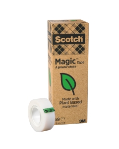Value Pack 9 rotoli di Scotch Magic 900 con dispenser in plastica riciclata. Nastro realizzato con fibre naturali e adesivo a base d'acqua senza solventi.