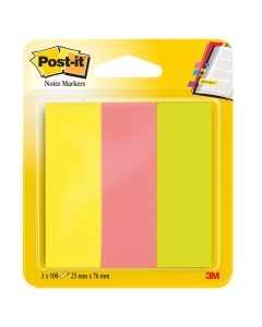 Segnapagina in carta, autoadesivi, scrivibili e riposizionabili. Formato 25x76mm. 100 fogli in tre colori assortiti: giallo, rosa, verde. Confezione da 300fogli.
