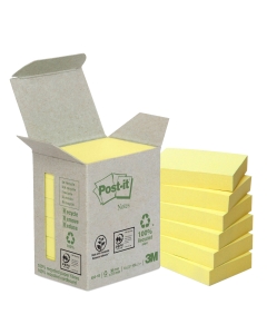 Foglietti Post-it in carta riciclata al 100%. La carta dei blocchetti è certificata Der Blaue Engel. Confezione in carta riciclata senza film in plastica. Blocchetto da 100 fogli.
Formato 38x51mm. Colore:  giallo.