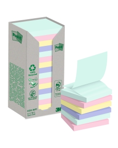 Ricariche di foglietti Post-it  Z-Notes Green in carta riciclata al 100% certificata Der Blaue Engel nei colori assortiti pastello. La ricarica va utilizzata con uno dei tanti dispenser per foglietti Post-it Z-Notes. Blocchetto da 100 fogli. Formato 76x76