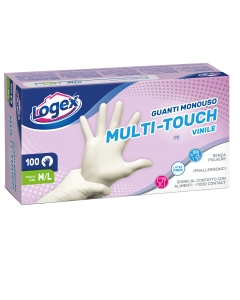 Guanti monouso in vinile Multi-Touch ideali chi soffre di allergie. Idonei al contatto alimentare. NON TALCATI.