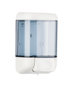 Dispenser sapone liquido con erogazione a pulsante. Capacità 1 litro. Dimensioni 12,8x11,2x20,5cm. Il dispenser è dotato di coperchio con serratura