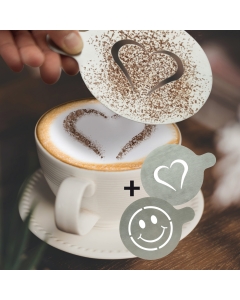 Stencil per decorare il caffè realizzati in polvere di acciaio inox a forma di cuore o smile. Dimensioni: 10x12,4x0,1cm.