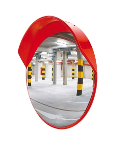 Specchio parabolico in metacrilato, con montatura e visiera in polipropilene colore rosso, guarnizioni in PVC nero. Completi di attacco per applicazione a palo Ø60mm o alla staffa a muro, orientabili in tutti i sensi. Visibilità a 90°.