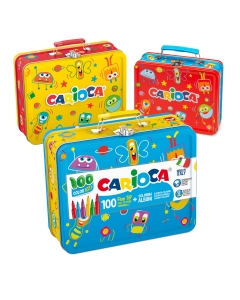 Speciale valigetta in latta stampata a colori. La valigetta contiene 100 pennarelli in colori assortiti e un album tutto da colorare.