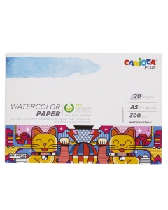 Carta certificata FSC da 300gr/m2 prodotta con il 25% di cotone riciclato perfetta per l'uso con aquerelli e tecniche umide. Grana ruvida. Album da 20 fogli.
