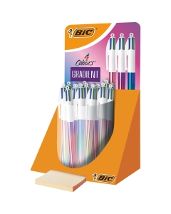 Espositore da banco con 30 penne 4 colori in una particolare versione dal fusto metallizzato con 3 diverse luminose sfumature tricolori sui fusti nella stessa penna.
