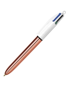 La classica penna sfera a scatto 4 colori in versione Rose Gold. Fusto metallizzato color oro rosa. Inchiostri classici (nero, blu, rosso, verde). Punta 1,0mm.
