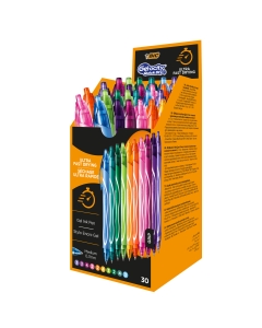 Box 30 penne in 10 colori assortiti con inchiostro gel con punta media da 0,7mm. L'inchiostro, super fluido e scorrevole, si asciuga 3 volte più velocemente per evitare sbavature sul foglio. Fusto nel colore dell'inchiostro, totalmente gommato per un magg