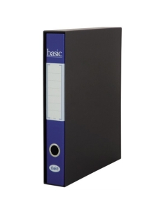 Resistenti e colorati registratori con custodia nera e cartella in cartone rivestito in carta stampata. Protocollo formato utile 32x23 cm dorso 5cm. Colore blu.