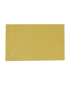 Separatori in cartoncino Manilla da 200 gr di colore giallo. Foratura normalizzata a passo 8 cm (2 fori). Formato: 12,5x23 cm. Materiale 100% riciclato (certificazioni FSC e Blue Angel).
