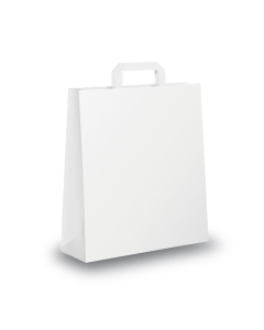 Scatola da 300 shoppers bianche in carta neutro piattina. Dimensioni: 26x11x34,5cm.
