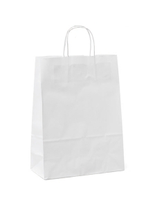 Shopper in kraft bianco, prodotte con carta riciclabile, ad elevata resistenza. Colore bianco. Dimensione 22x10x29cm.