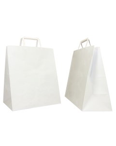 Shopper ideali per il trasporto di vassoi e contenitori alimentari realizzate con soffietti molto larghi dedicati a questo utilizzo. Dimensione 28x17x32cm. Colore bianco.