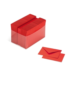 Buste e cartoncini in carta Burano Favini in scatole di acetato trasparente. Cartoncino certificato FSC da 200gr e Busta coordinata da 90gr. Formato 72x110mm. Colore: rosso.