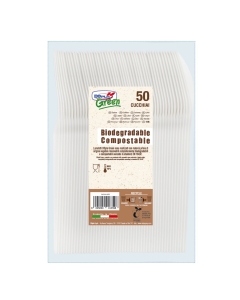 Cucchiai di colore avorio in Estabio compostabile e biodegradabile in conformità alla norma EN 13432.  Per alimenti Max 70°C.
•  Lunghezza 180mm
• Peso unitario 5,7gr
• Compostabili e biodegradabili