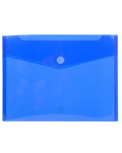 Busta a tasca in polipropilene blu trasparente da 200micron. Chiusura con velcro a bottone. F.to utile21x29.7cm. Formato esterno 24x32cm. Confezione da 5 buste.