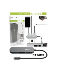 "HUB 6-in-1 Multimedia Type-C T650C
3 porte USB-A 3.1
1 porta USB-C per ricaricare i dispositivi  mobili o PC
1 porta per leggere scheda di memoria SD
1 porta 4K HDMI
protezione EMI per prevenire interferenze con dispositivi WIRELESS
connettore USB-C 3.1"