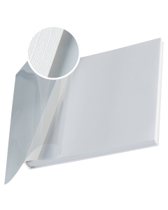 Cartelline termiche con fronte trasparente antigraffio e retro bianco grain.