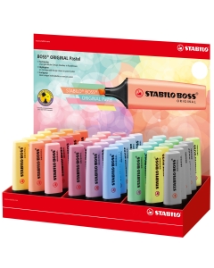 Espositore da banco con 45 evidenziatori Stabilo® Boss® Original in 14 colori pastello.