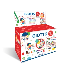 Confezione da 12 astucci Giotto Turbo Color Party set. Ogni astuccio contiene 6 pennarelli nei colori rosso, verde, giallo, blu, marrone e nero. In conformità alla Direttiva 2009/48/CE sulla sicurezza dei giocattoli e quindi non sono presenti sostanze per