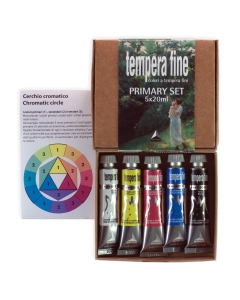 Tempera fine Primary Set comprende 5 tubetti da 20ml (colori primari, nero e bianco).