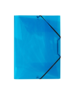 Cartelle realizzate in polipropilene blu trasparente con speciale finitura rigata. Chiusura con elastico piatto di colore nero. Formato utile: 22x30cm. Dorso 0-3cm. Made in China.