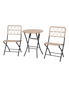 Set da 3 pezzi (2 sedie + 1 tavolo). Struttura in acciaio verniciato nero. Seduta e schienale in polyrattan color naturale. Portata seduta: 150kg; portata tavolo: 30kg. Tavolo e sedie pieghevoli. Set composto da: 1 tavolo tondo 60 x 60 x H72cm, 2 sedie L5
