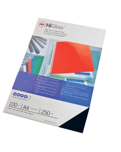 Copertine HiGloss per rilegatura formato A4, cartoncino monolucido nero 250gr, confezione da 100 pezzi.