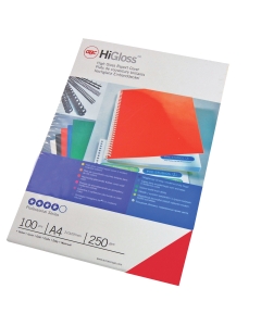 Copertine HiGloss per rilegatura formato A4, cartoncino monolucido rosso 250gr, confezione da 100 pezzi.