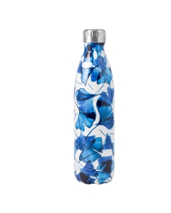 Bottiglia termica in acciaio inox con decoro ginko (blu/bianco). Capacità: 0,75L.