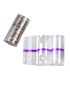 Blister in PVC trasparente con fascia colorata viola per identificare il taglio della moneta da 2 euro. CapacitÓ 25 monete.