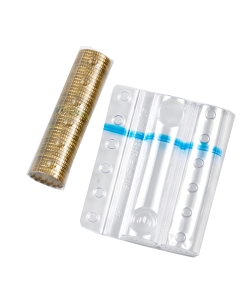 Blister in PVC trasparente con fascia colorata blu per identificare il taglio della moneta da 10 centesimi. Capacità 40 monete.