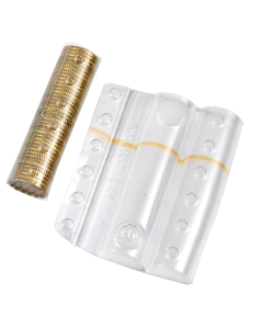 Blister in PVC trasparente con fascia colorata arancio per identificare il taglio della moneta da 20 centesimi. CapacitÓ 40 monete.