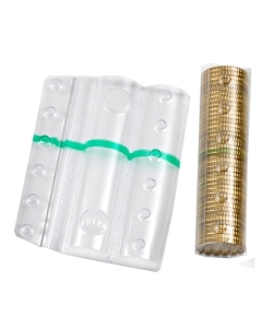 Blister in PVC trasparente con fascia colorata verde  per identificare il taglio della moneta da 50 centesimi. Capacità 40 monete.