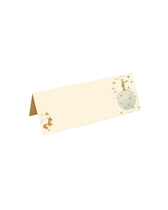 Segnaposti realizzati in carta color avorio con stampe a tema e decorazioni in oro in polvere.