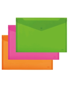 Set 3 buste in PP A4 orizzontale con tasca e chiusura a bottone. Formato utile A4 - 33,5x23,5 cm. Colori assortiti fluo: arancio, verde e rosa