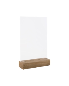 Portadepliant verticale in acrilico di alta qualità super trasparente, con base in legno massello, ideale anche come portafoto.
