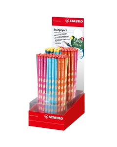 Espositore da 90 matite HB dal fusto sottile in colori assortiti (75 pz per destrimani e 15 pz per mancini).