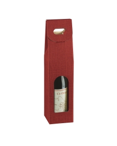 Scatola porta bottiglie in cartone seta colore bordeaux. Adatta per 1 bottiglia e dotata di comoda maniglia per il trasporto. Dimensioni: 9x9x38,5cm.
