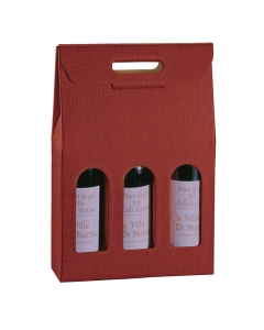 Scatola porta bottiglie in cartone seta colore bordeaux. Adatta per 3 bottiglie e dotata di comoda maniglia per il trasporto. Dimensioni: 27x9x38,5cm.