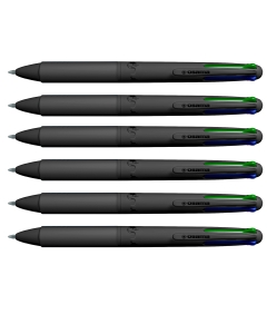 Astuccio nero con elegante finitura SOFT TOUCH contenente 6 penne a scatto con punta a sfera da 1mm.
Inchiostro nei colori blue, nero, rosso e verde.
Fusto ALL BLACK con finitura gommata.