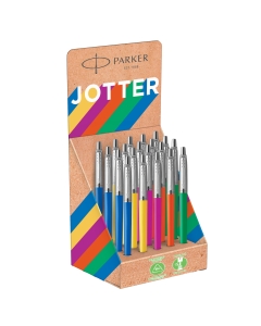Espositore da banco Jotter Orginal Plastic con 20 penne assortite (8 arancione, 4 verde, 4 giallo e 4 blu).