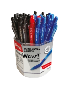 Espositore da banco con 96 penne a sfera in colori assortiti: 48 nero, 36 blu e 12 rosso.